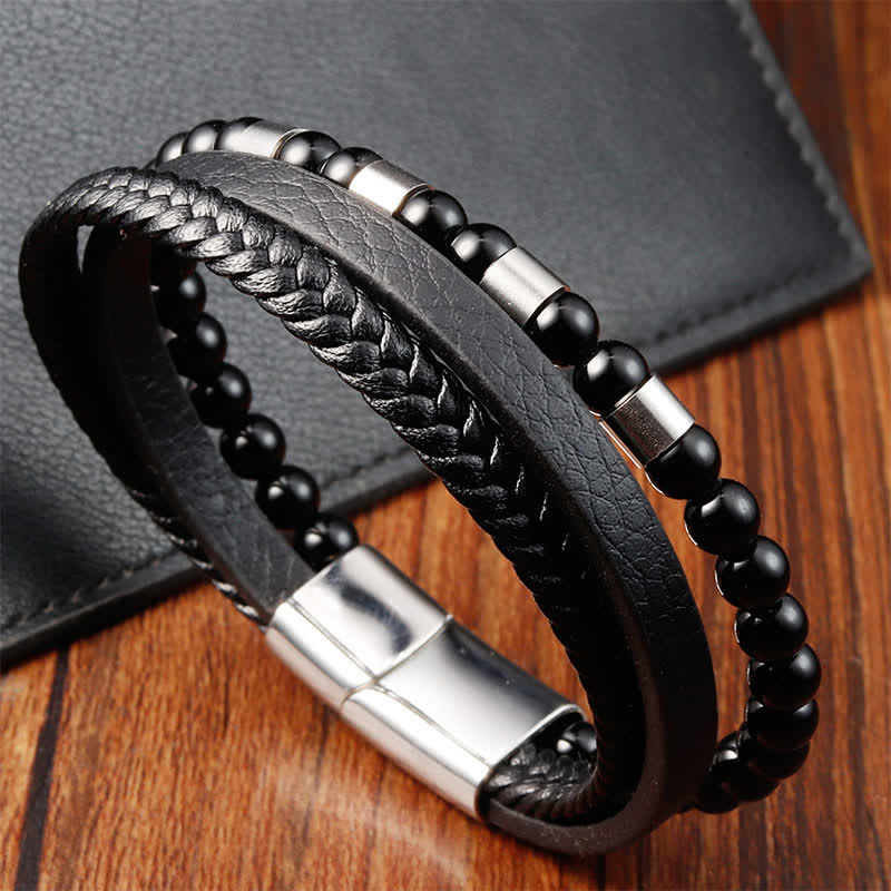 Buddha Stones Bracelet double couche tressé en cuir noir résistant - image 9
