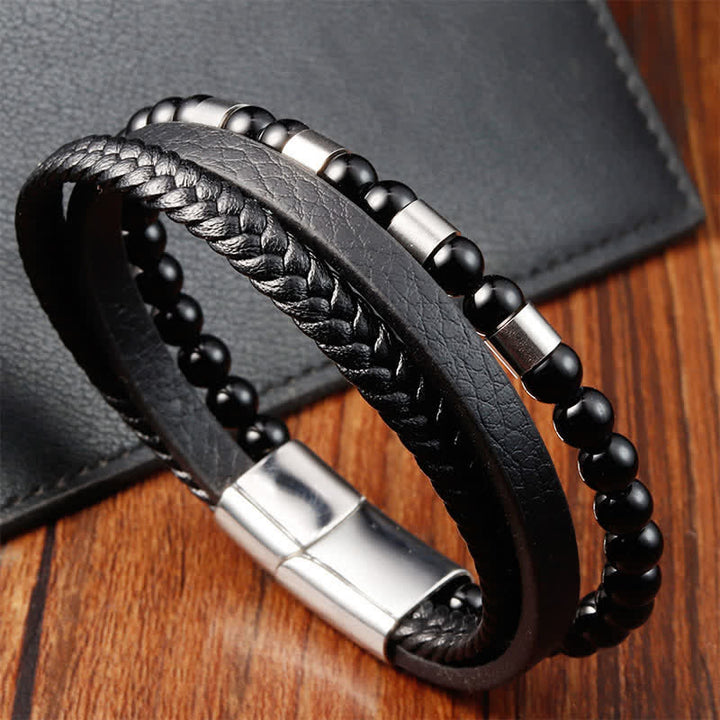 Buddha Stones Bracelet double couche tressé en cuir noir résistant - image 9