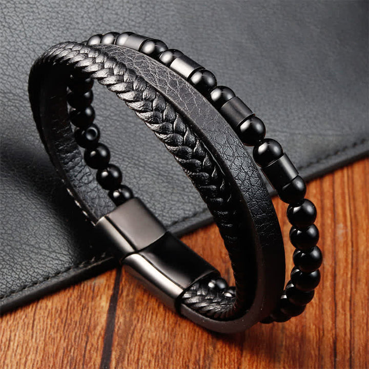 Buddha Stones Bracelet double couche tressé en cuir noir résistant - image 2