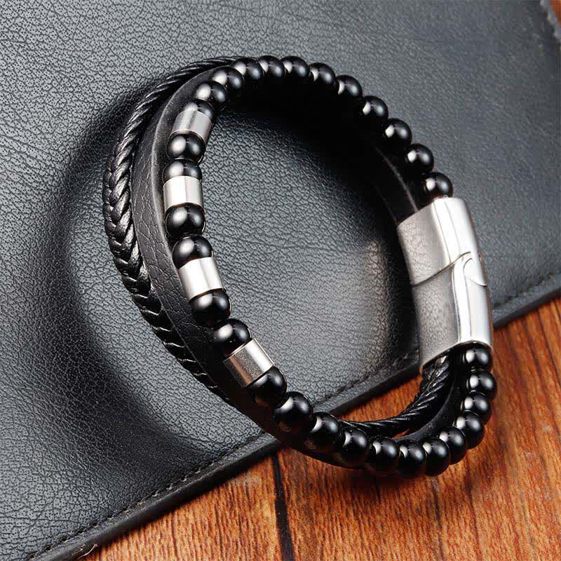 Buddha Stones Bracelet double couche tressé en cuir noir résistant - image 10