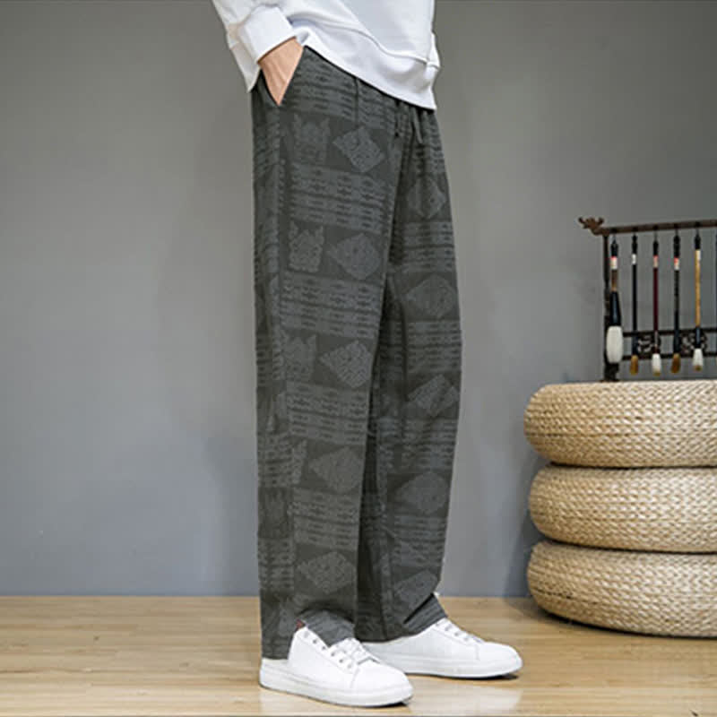 Buddha Stones Pantalon long homme style vintage géométrique décontracté printemps-été, coupe droite, avec poches - image 4