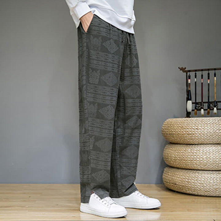 Buddha Stones Pantalon long homme style vintage géométrique décontracté printemps-été, coupe droite, avec poches - image 4