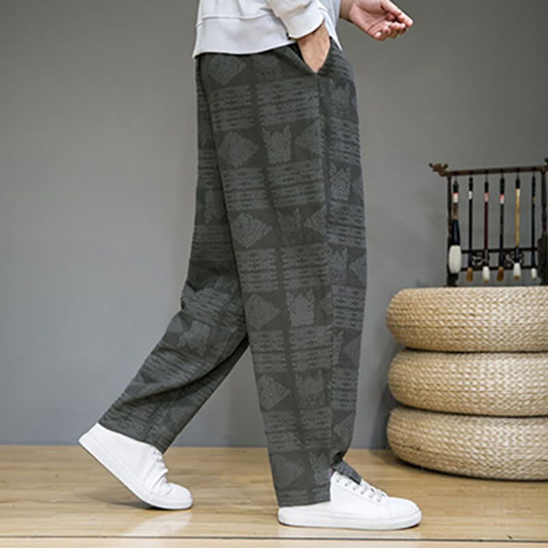 Buddha Stones Pantalon long homme style vintage géométrique décontracté printemps-été, coupe droite, avec poches - image 3
