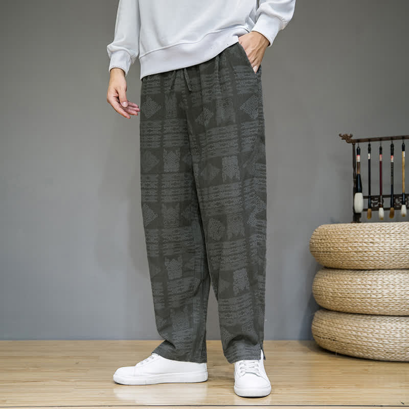 Buddha Stones Pantalon long homme style vintage géométrique décontracté printemps-été, coupe droite, avec poches - image 2