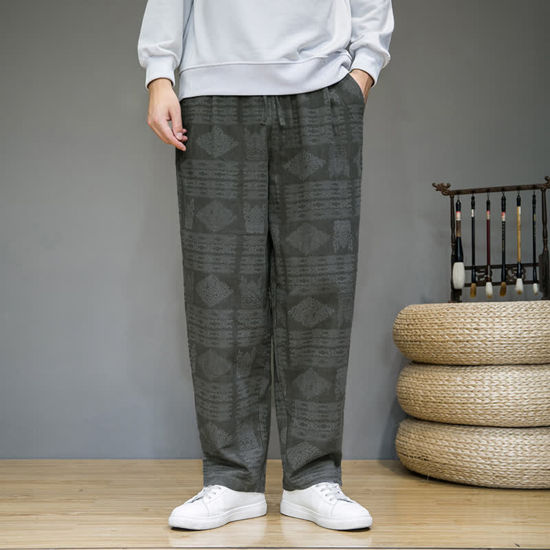 Buddha Stones Pantalon long homme style vintage géométrique décontracté printemps-été, coupe droite, avec poches - image 1