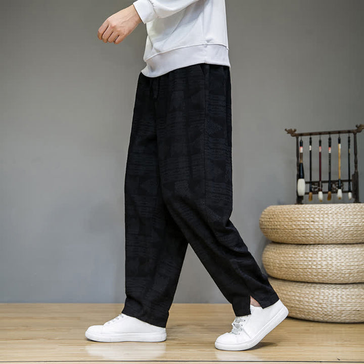 Buddha Stones Pantalon long homme style vintage géométrique décontracté printemps-été, coupe droite, avec poches - Noir - US/UK/AU44, EU54 (4XL) - image 9
