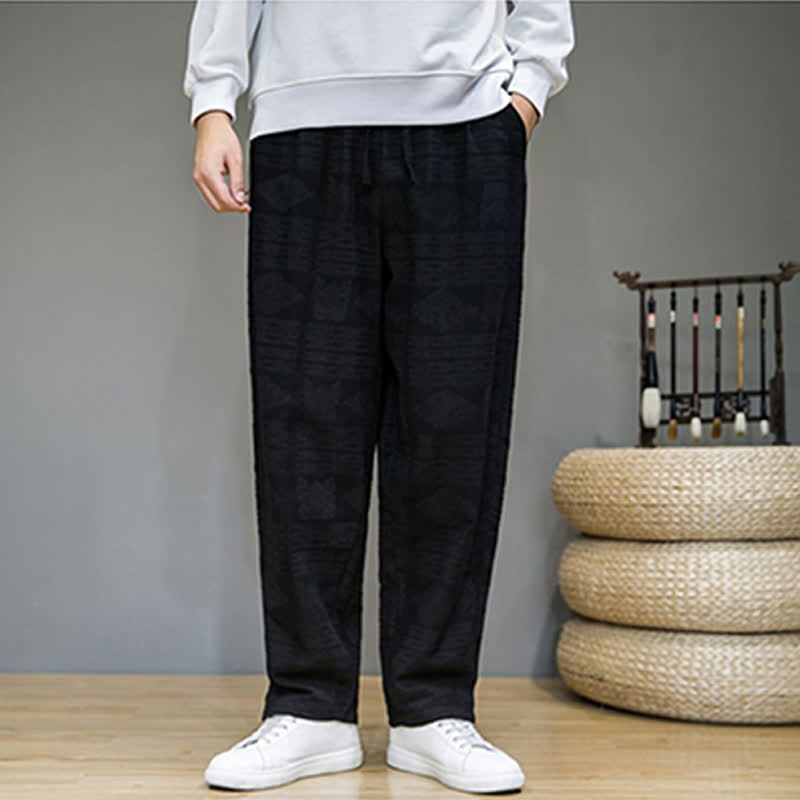 Buddha Stones Pantalon long homme style vintage géométrique décontracté printemps-été, coupe droite, avec poches - image 11