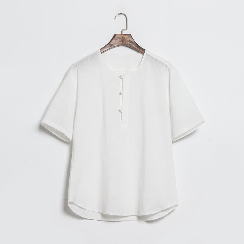 Buddha Stones Chemises d'été décontractées pour hommes, style Tang, à manches courtes et boutons grenouille unis - Blanc - US/UK/AU46，EU56 (5XL) - image 13