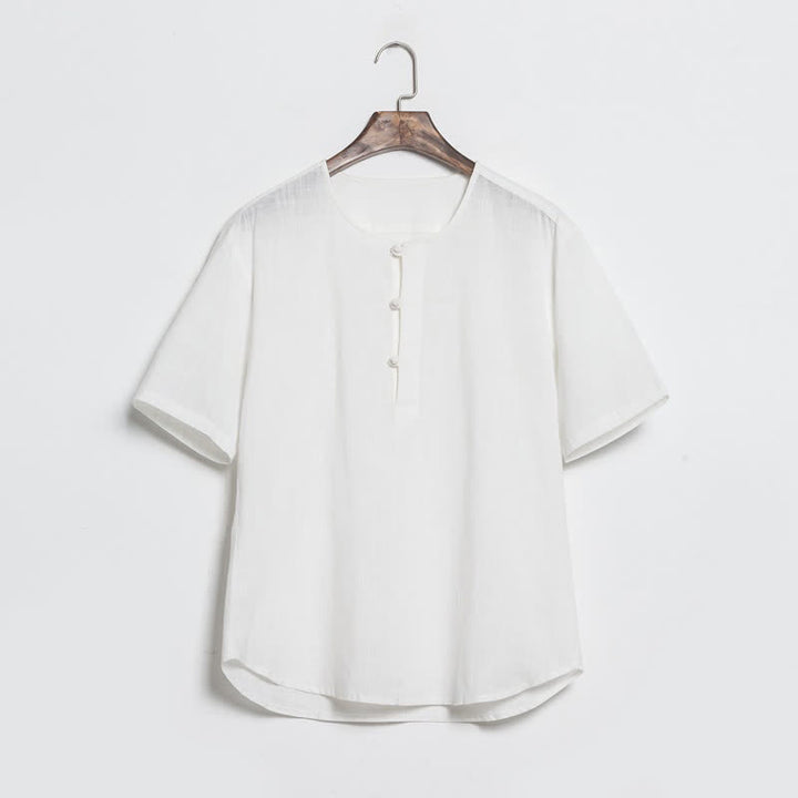 Buddha Stones Chemises d'été décontractées pour hommes, style Tang, à manches courtes et boutons grenouille unis - Blanc - US/UK/AU46，EU56 (5XL) - image 13