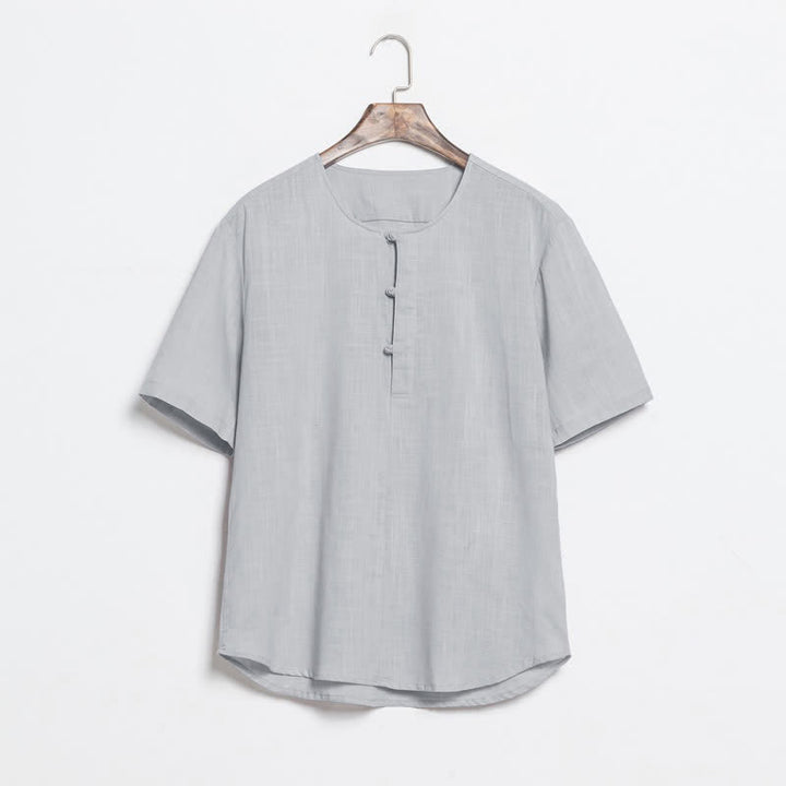 Buddha Stones Chemises d'été décontractées pour hommes, style Tang, à manches courtes et boutons grenouille unis - Gris clair - US/UK/AU46，EU56 (5XL) - image 11