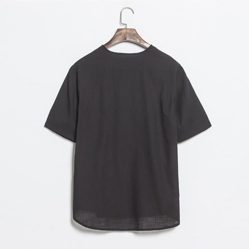 Buddha Stones Chemises d'été décontractées pour hommes, style Tang, à manches courtes et boutons grenouille unis - image 8