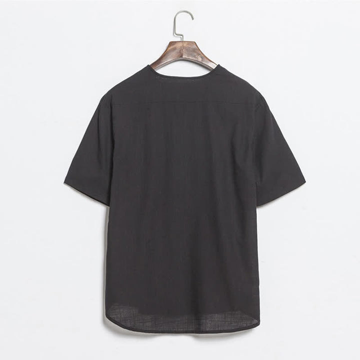 Buddha Stones Chemises d'été décontractées pour hommes, style Tang, à manches courtes et boutons grenouille unis - image 8