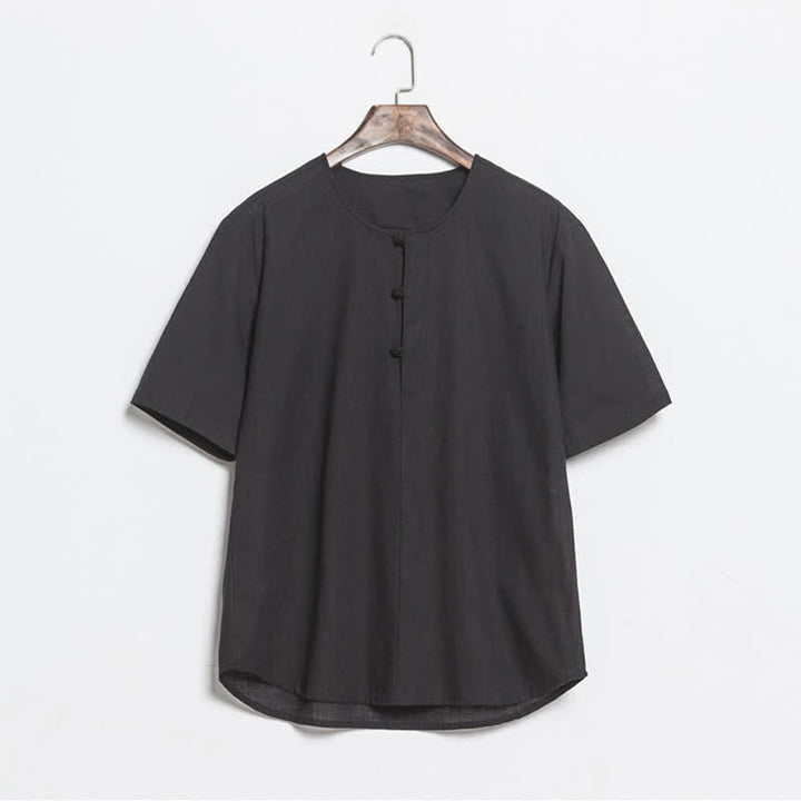 Buddha Stones Chemises d'été décontractées pour hommes, style Tang, à manches courtes et boutons grenouille unis - Noir - US/UK/AU46，EU56 (5XL) - image 7