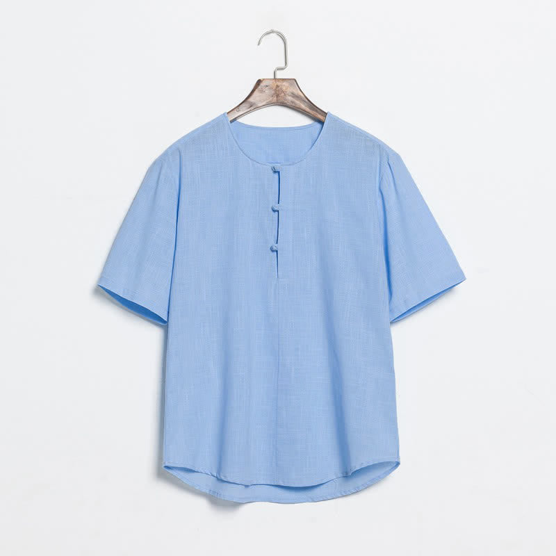 Buddha Stones Chemises d'été décontractées pour hommes, style Tang, à manches courtes et boutons grenouille unis - Bleu clair - US/UK/AU46，EU56 (5XL) - image 9
