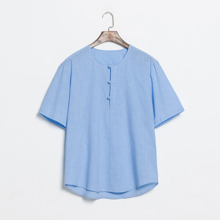 Buddha Stones Chemises d'été décontractées pour hommes, style Tang, à manches courtes et boutons grenouille unis - Bleu clair - US/UK/AU46，EU56 (5XL) - image 9