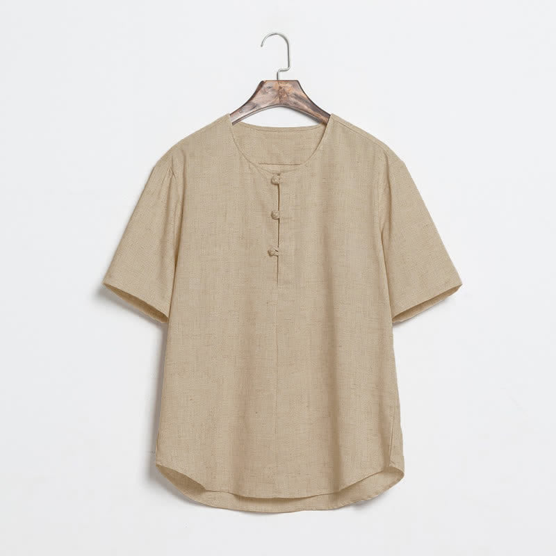 Buddha Stones Chemises d'été décontractées pour hommes, style Tang, à manches courtes et boutons grenouille unis - Tanné - US/UK/AU46，EU56 (5XL) - image 0