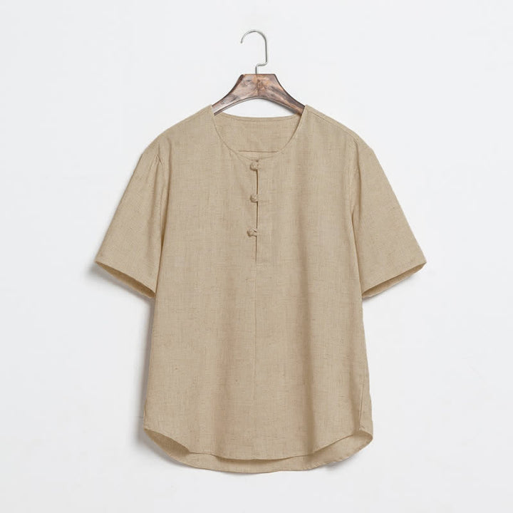 Buddha Stones Chemises d'été décontractées pour hommes, style Tang, à manches courtes et boutons grenouille unis - Tanné - US/UK/AU46，EU56 (5XL) - image 0