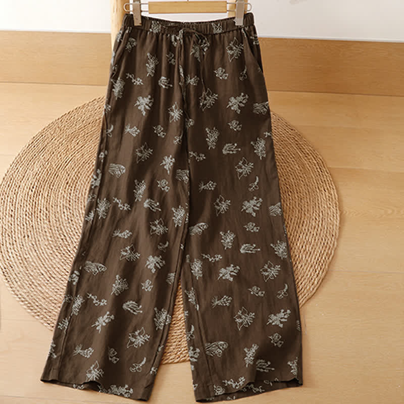 Buddha Stones Pantalon d'été décontracté vintage à cordon de serrage et imprimé floral, jambes larges, avec poches - image 1