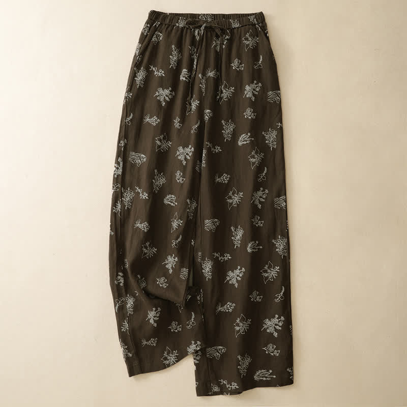 Buddha Stones Pantalon d'été décontracté vintage à cordon de serrage et imprimé floral, jambes larges, avec poches - image 1