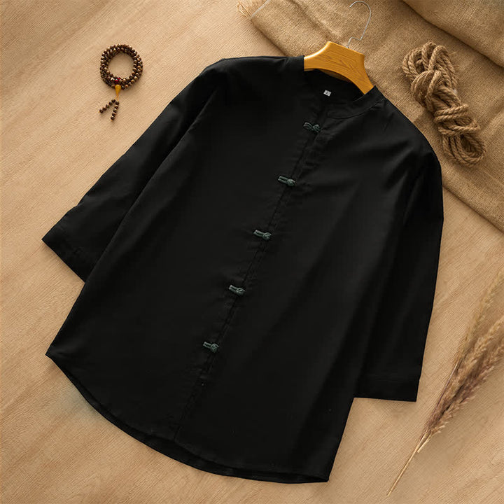 Buddha Stones Chemises à manches longues pour hommes, style Tang, décontractées, à boutons grenouille, unies, printemps-été - Noir - US/UK/AU44, EU54 (3XL) - image 5