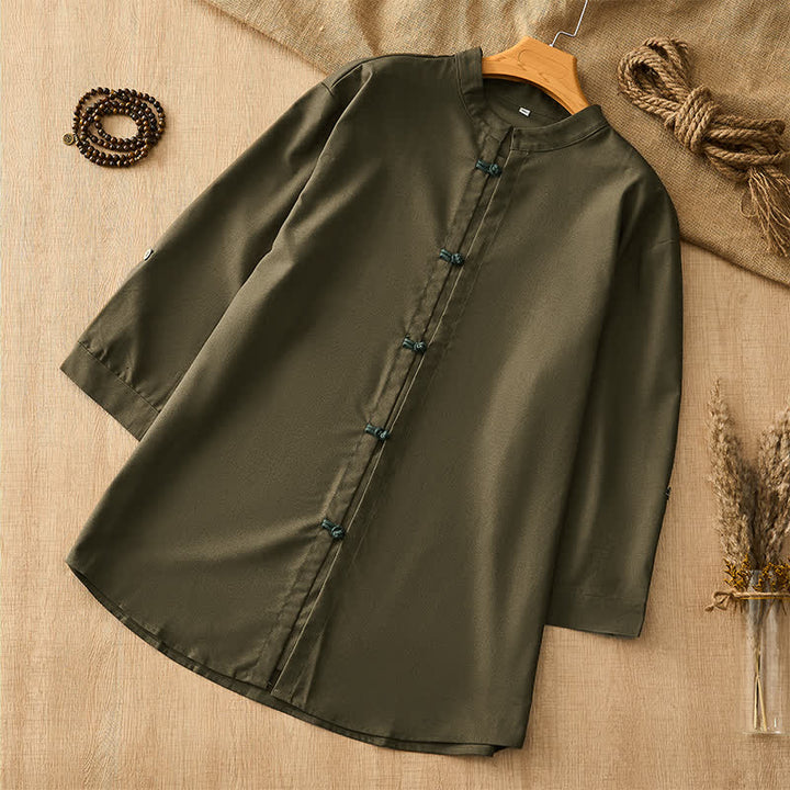 Buddha Stones Chemises à manches longues pour hommes, style Tang, décontractées, à boutons grenouille, unies, printemps-été - Vert olive foncé - US/UK/AU44, EU54 (3XL) - image 13