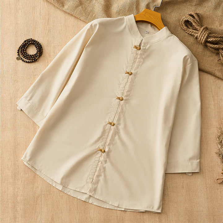 Buddha Stones Chemises à manches longues pour hommes, style Tang, décontractées, à boutons grenouille, unies, printemps-été - Beige - US/UK/AU44, EU54 (3XL) - image 0