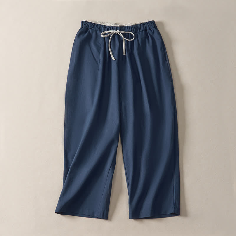 Buddha Stones Pantalon sarouel d'été minimaliste décontracté à cordon de serrage, uni, court, avec poches - Bleu ardoise foncé - US8-10, UK/AU12-14, EU40-42 (2XL) - image 0