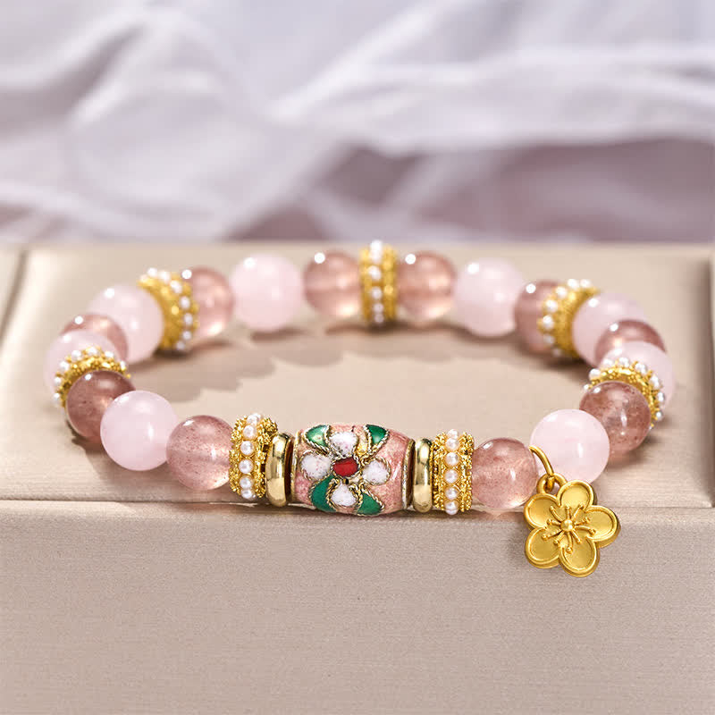 Buddha Stones Bracelet à pendentif fleurs en quartz fraise naturel, quartz rose et émail, orné de perles rondes polies. - image 3