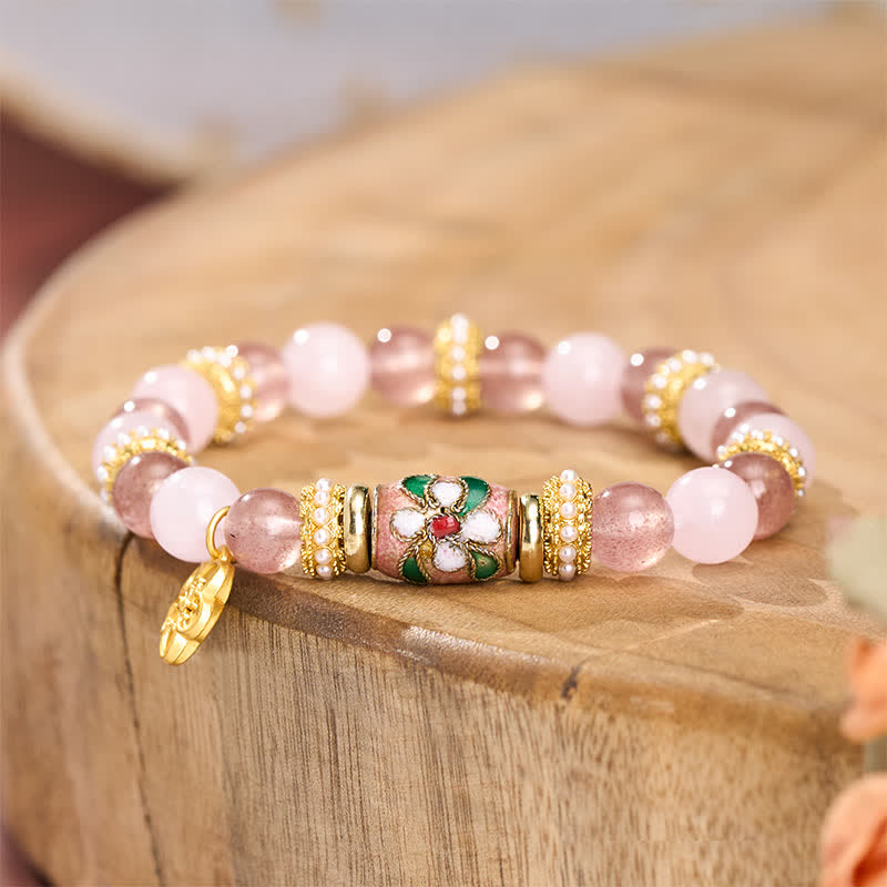 Buddha Stones Bracelet à pendentif fleurs en quartz fraise naturel, quartz rose et émail, orné de perles rondes polies. - image 2