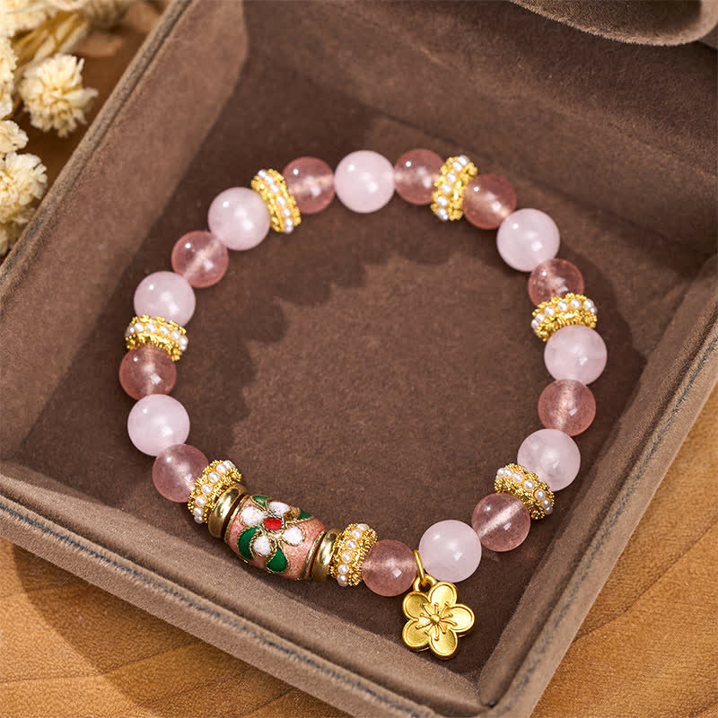 Buddha Stones Bracelet à pendentif fleurs en quartz fraise naturel, quartz rose et émail, orné de perles rondes polies. - image 1