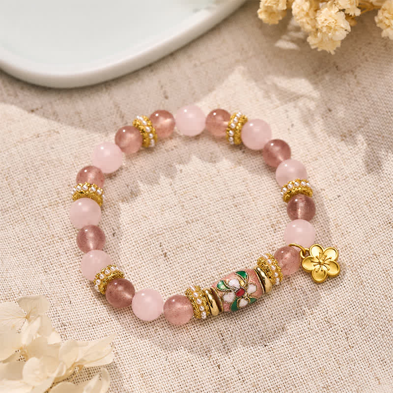 Buddha Stones Bracelet à pendentif fleurs en quartz fraise naturel, quartz rose et émail, orné de perles rondes polies. - Quartz fraise, quartz rose (Tour de poignet : 15–16 cm) - image 0