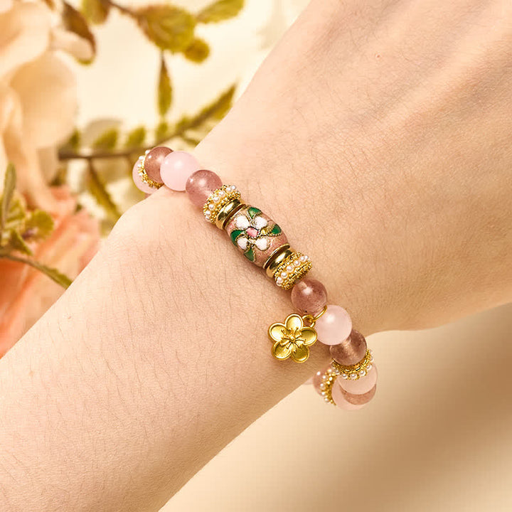 Buddha Stones Bracelet à pendentif fleurs en quartz fraise naturel, quartz rose et émail, orné de perles rondes polies. - image 4