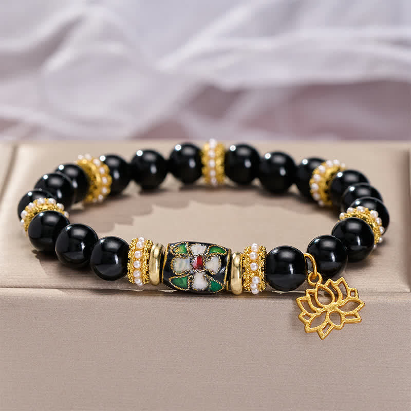 Buddha Stones Bracelet de protection à perles rondes avec pendentif lotus en obsidienne noire émail cloisonné et émail - image 3