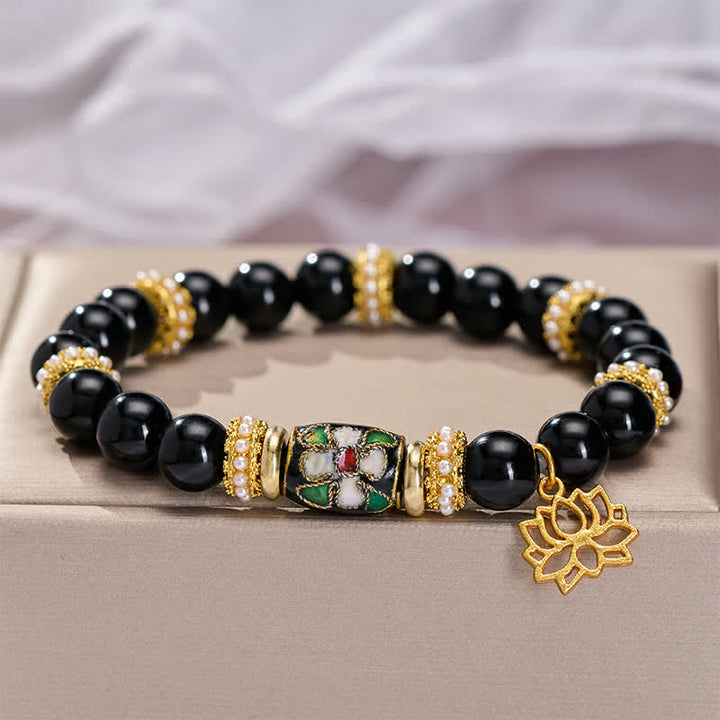 Buddha Stones Bracelet de protection à perles rondes avec pendentif lotus en obsidienne noire émail cloisonné et émail - image 3