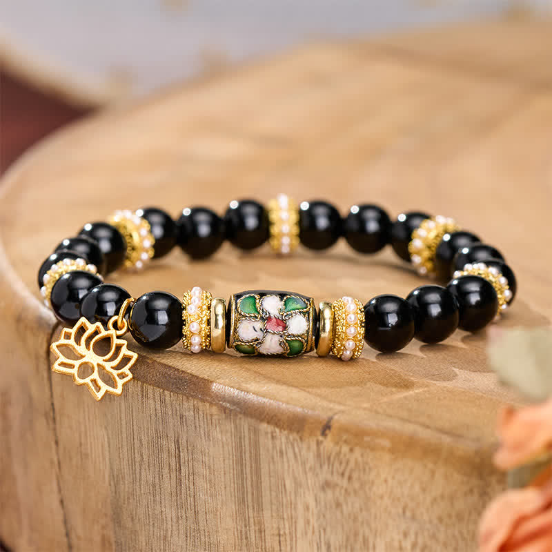 Buddha Stones Bracelet de protection à perles rondes avec pendentif lotus en obsidienne noire émail cloisonné et émail - image 2