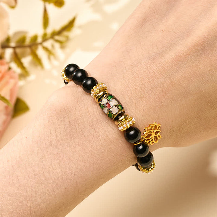 Buddha Stones Bracelet de protection à perles rondes avec pendentif lotus en obsidienne noire émail cloisonné et émail - image 4