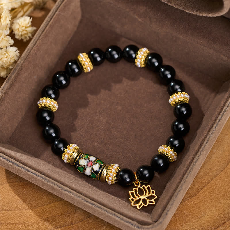 Buddha Stones Bracelet de protection à perles rondes avec pendentif lotus en obsidienne noire émail cloisonné et émail - image 1