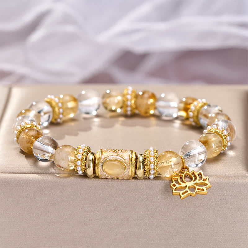 Buddha Stones Bracelet en perles rondes de lotus, perles en quartz clair et émail, citrine et citrine - image 2