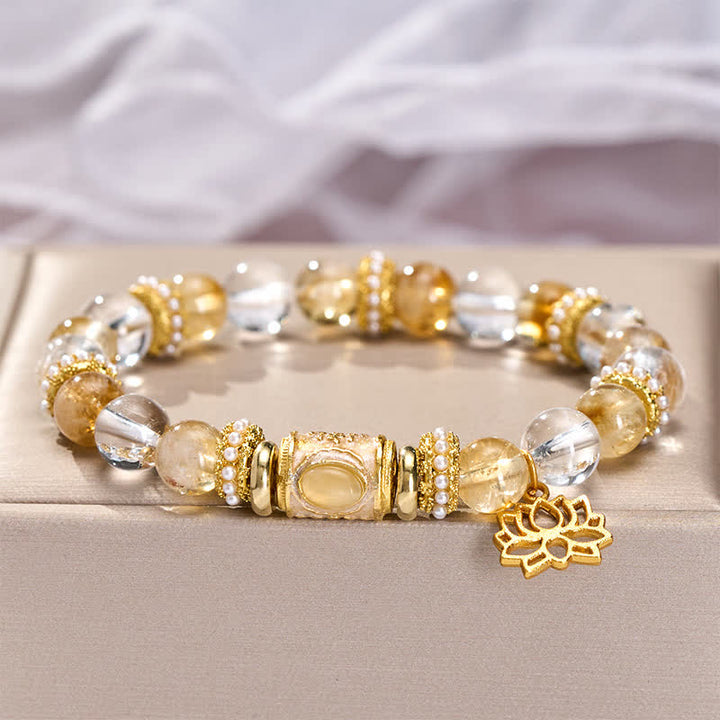 Buddha Stones Bracelet en perles rondes de lotus, perles en quartz clair et émail, citrine et citrine - image 2
