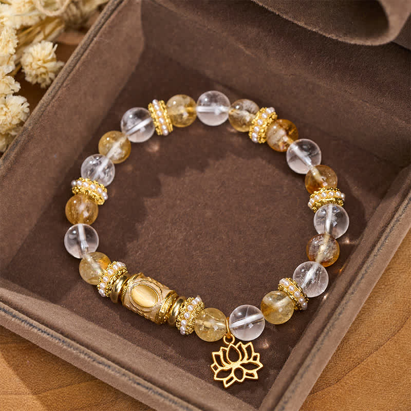 Buddha Stones Bracelet en perles rondes de lotus, perles en quartz clair et émail, citrine et citrine - image 3