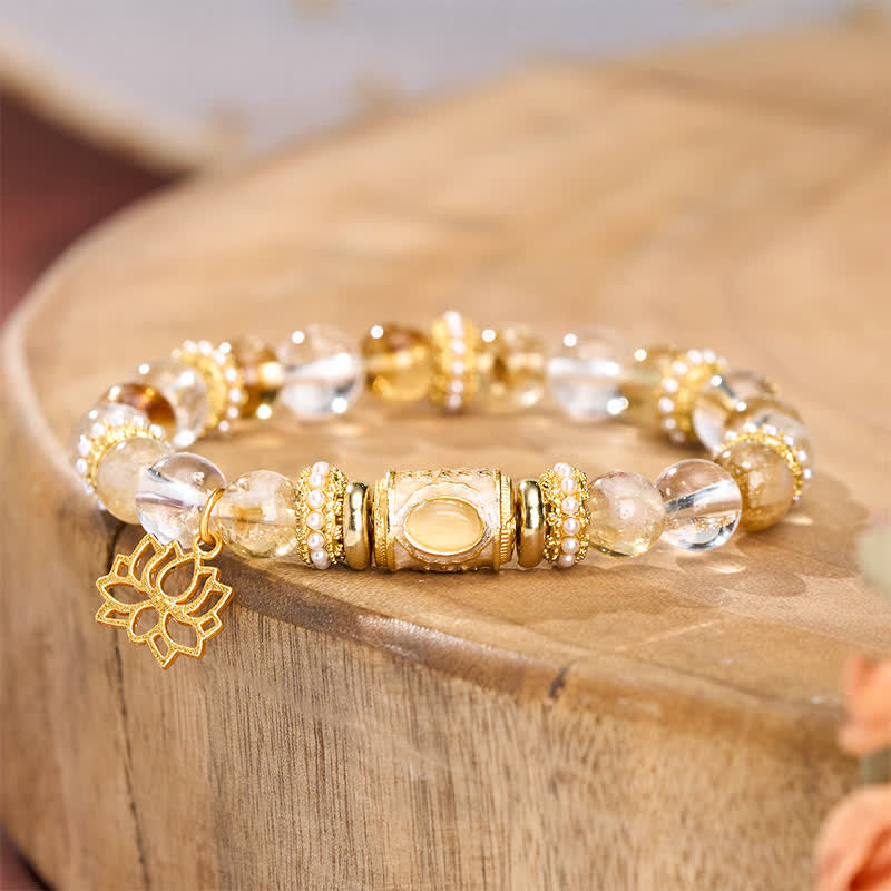 Buddha Stones Bracelet en perles rondes de lotus, perles en quartz clair et émail, citrine et citrine - image 1