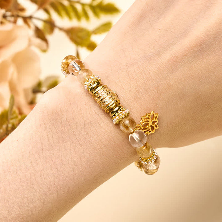 Buddha Stones Bracelet en perles rondes de lotus, perles en quartz clair et émail, citrine et citrine - image 4