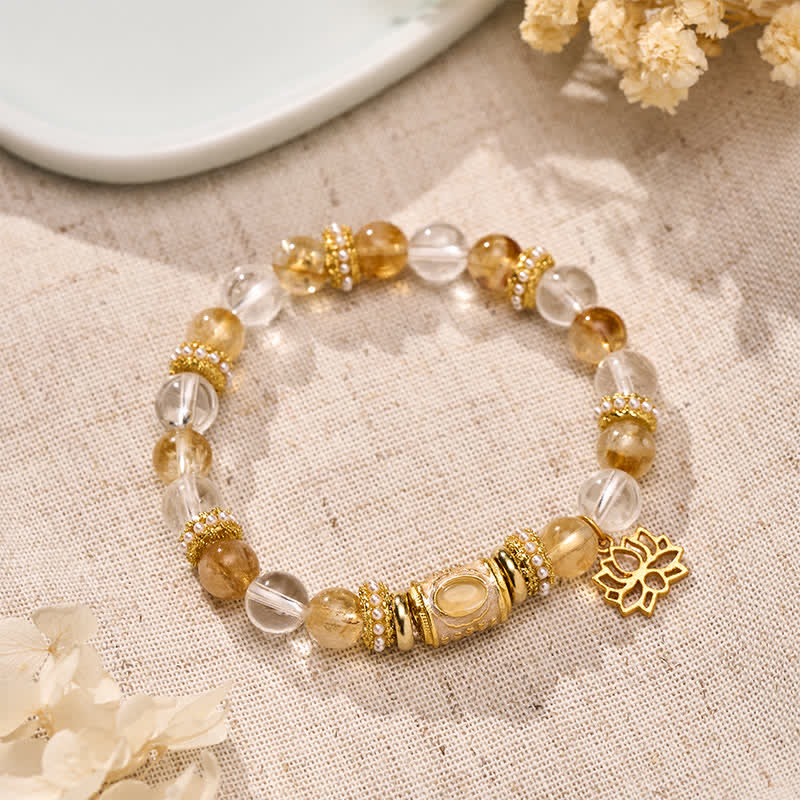 Buddha Stones Bracelet en perles rondes de lotus, perles en quartz clair et émail, citrine et citrine - Quartz clair citrine (Tour de poignet : 15–16 cm) - image 0