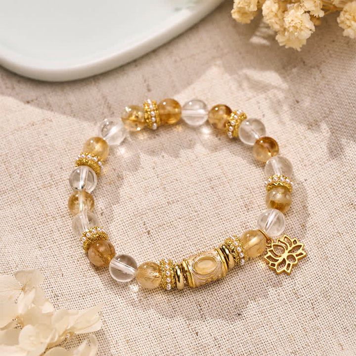 Buddha Stones Bracelet en perles rondes de lotus, perles en quartz clair et émail, citrine et citrine - Quartz clair citrine (Tour de poignet : 15–16 cm) - image 0