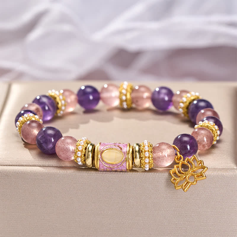 Buddha Stones Bracelet à perles rondes polies à la main, orné d'un pendentif lotus en améthyste naturelle, quartz fraise et émail. - image 3