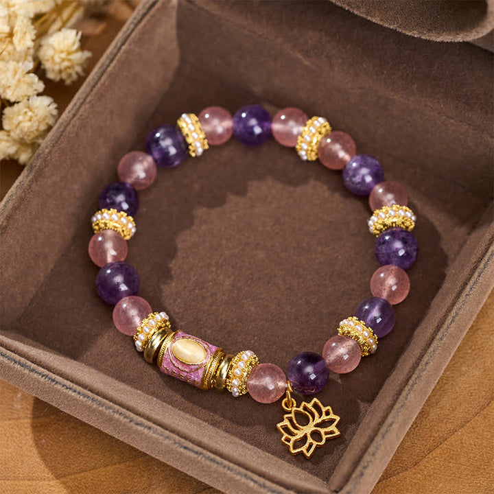 Buddha Stones Bracelet à perles rondes polies à la main, orné d'un pendentif lotus en améthyste naturelle, quartz fraise et émail. - image 1