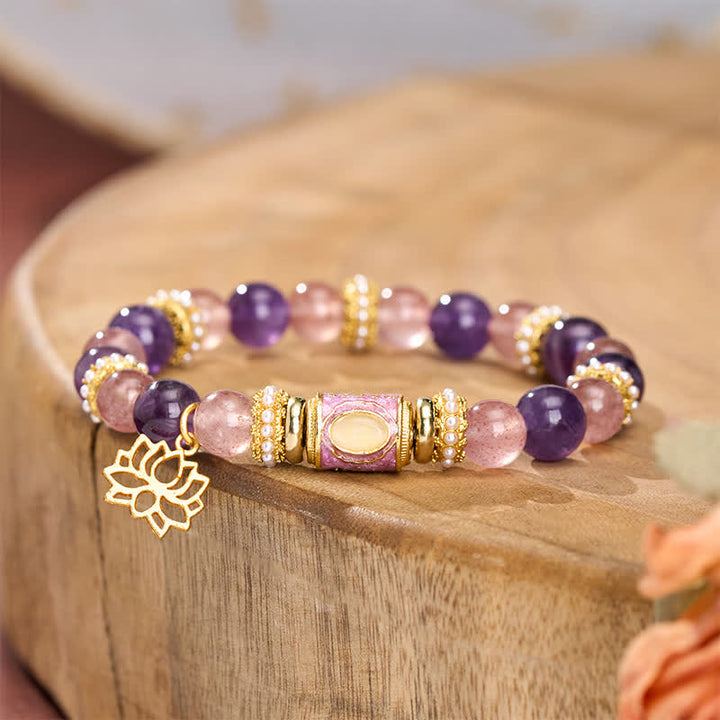 Buddha Stones Bracelet à perles rondes polies à la main, orné d'un pendentif lotus en améthyste naturelle, quartz fraise et émail. - image 2