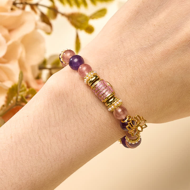 Buddha Stones Bracelet à perles rondes polies à la main, orné d'un pendentif lotus en améthyste naturelle, quartz fraise et émail. - image 4