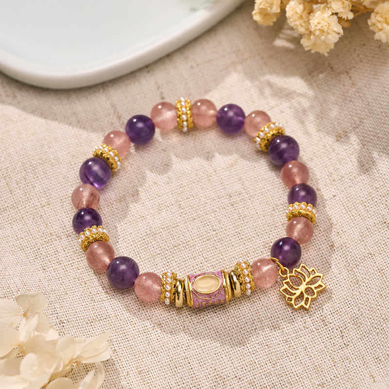 Buddha Stones Bracelet à perles rondes polies à la main, orné d'un pendentif lotus en améthyste naturelle, quartz fraise et émail. - Quartz fraise améthyste (Tour de poignet : 15–16 cm) - image 0