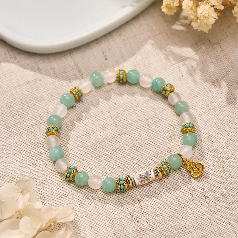 Buddha Stones Bracelet à perles rondes polies à la main en agate blanche amazonite émaillée et perles papillon - image 1